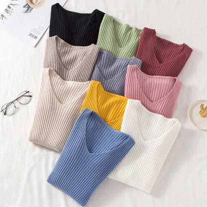 Women’s V-Neck Knit Pullover Sweater – Slim Fit Basic