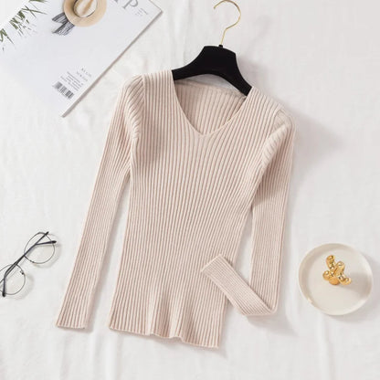 Beige Color Women’s V-Neck Knit Pullover Sweater – Slim Fit Basic