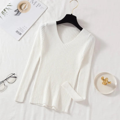 WHITE Color Women’s V-Neck Knit Pullover Sweater – Slim Fit Basic