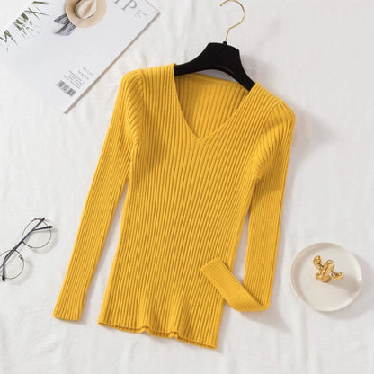 Women’s V-Neck Knit Pullover Sweater – Slim Fit Basic