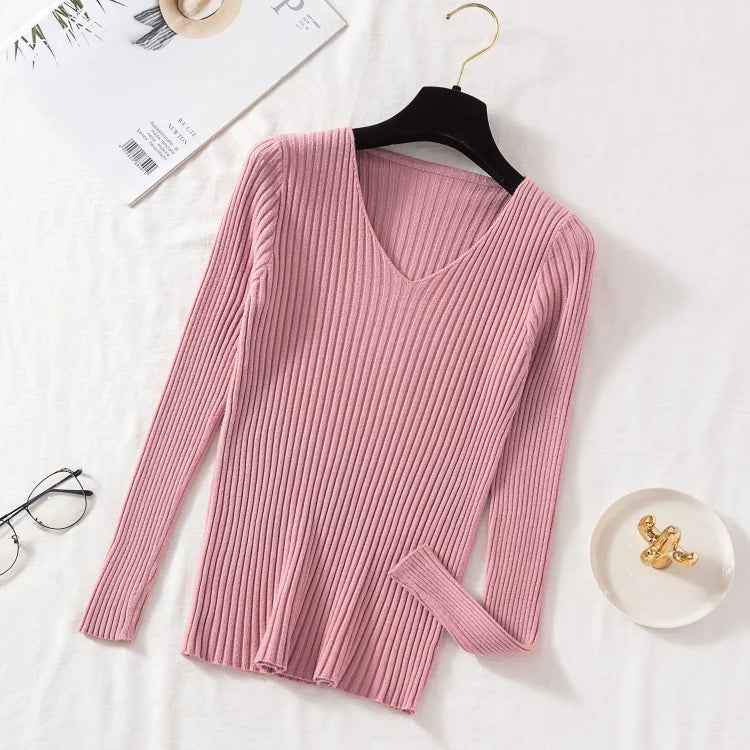 Pink Color Women’s V-Neck Knit Pullover Sweater – Slim Fit Basic