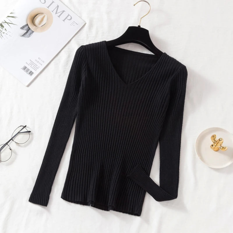 black Color Women’s V-Neck Knit Pullover Sweater – Slim Fit Basic