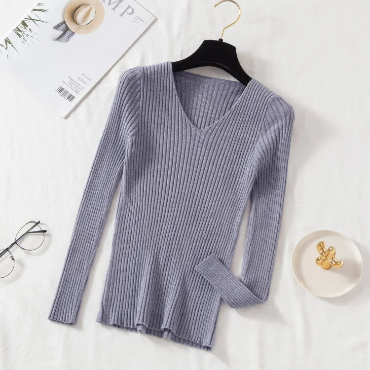 GRAY Color Women’s V-Neck Knit Pullover Sweater – Slim Fit Basic