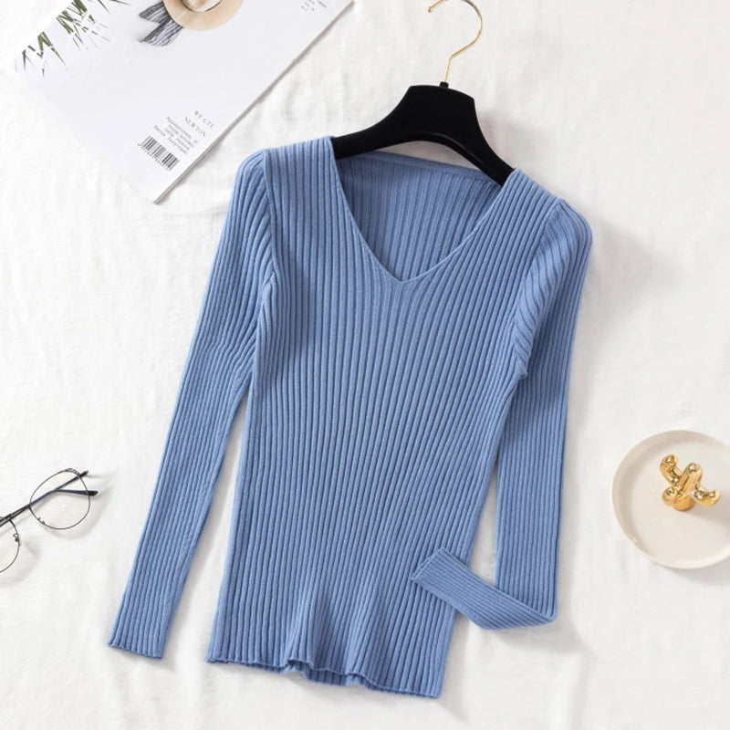 Women’s V-Neck Knit Pullover Sweater – Slim Fit Basic