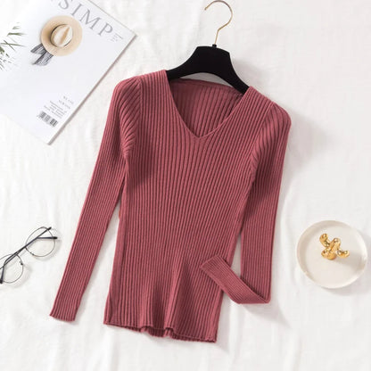 Brick red Color Women’s V-Neck Knit Pullover Sweater – Slim Fit Basic