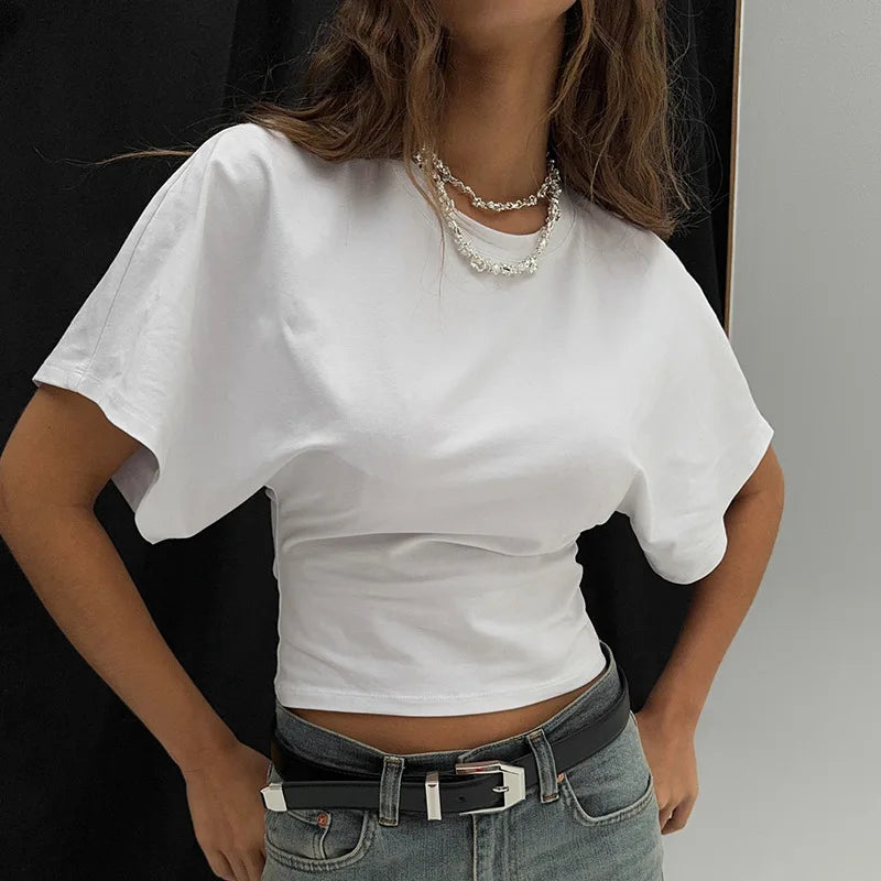 WHITE Color Women’s Solid Crop T-Shirt O-Neck Casual Y2K Tee