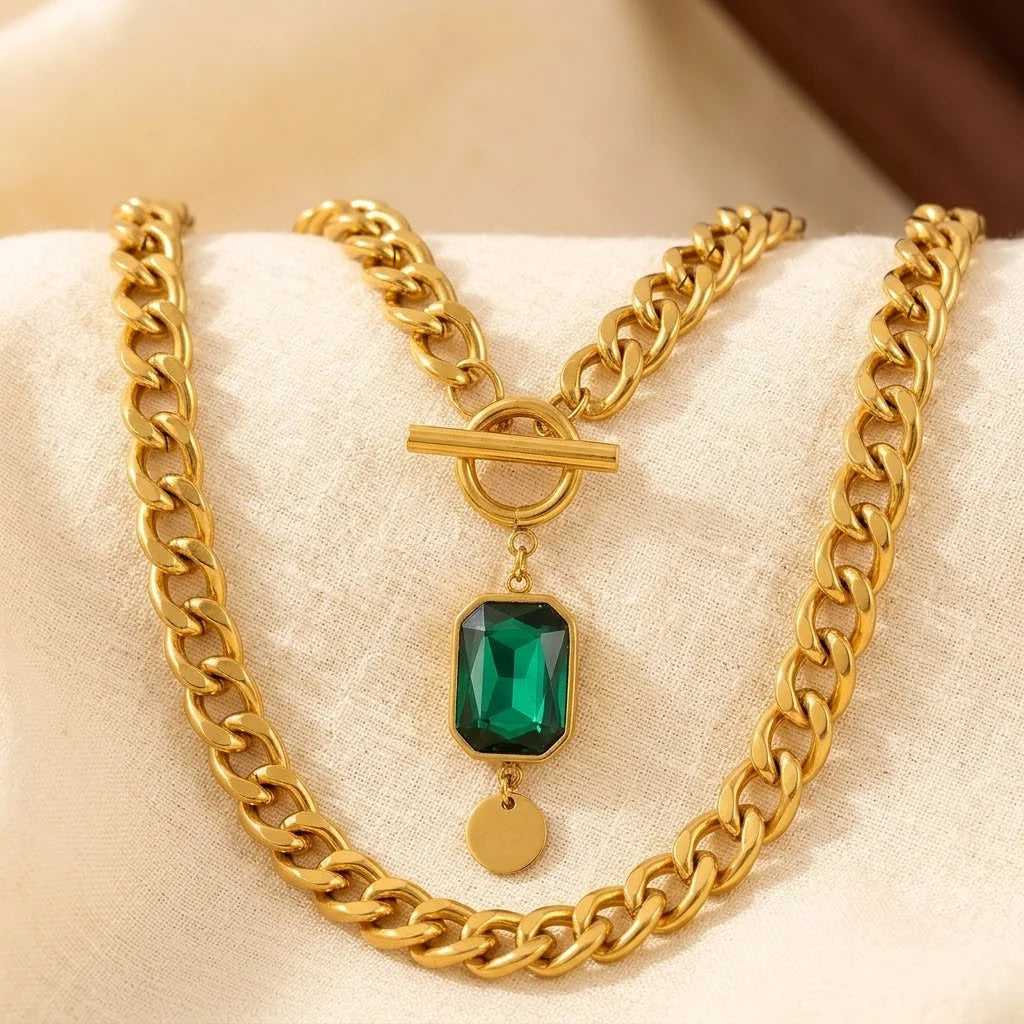 Collier Chaîne Émeraude Doré